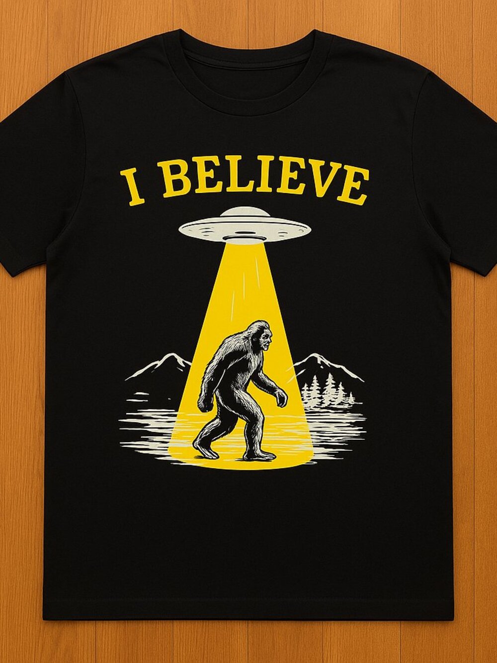 I Believe Bigfoot UFO T-Shirt – Funny Alien Abduction Sasquatch Graphic Tee